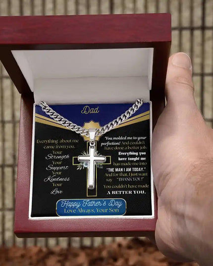 Cuban Chain Necklace showing in mahogany box in hand.