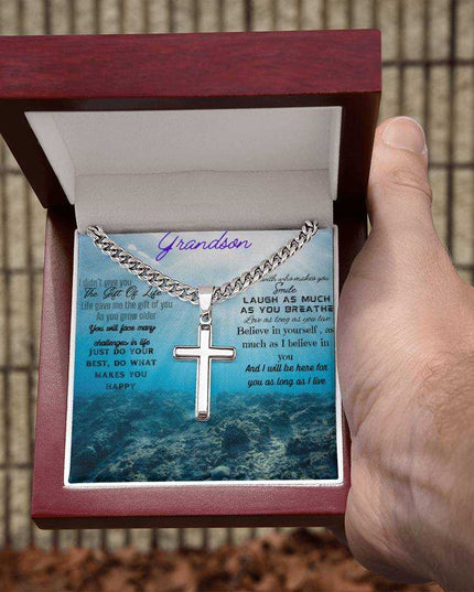 Artisan Cross Personalized Cuban Chain Necklace with polished stainless-steel pendant in a mahogany box angle 3