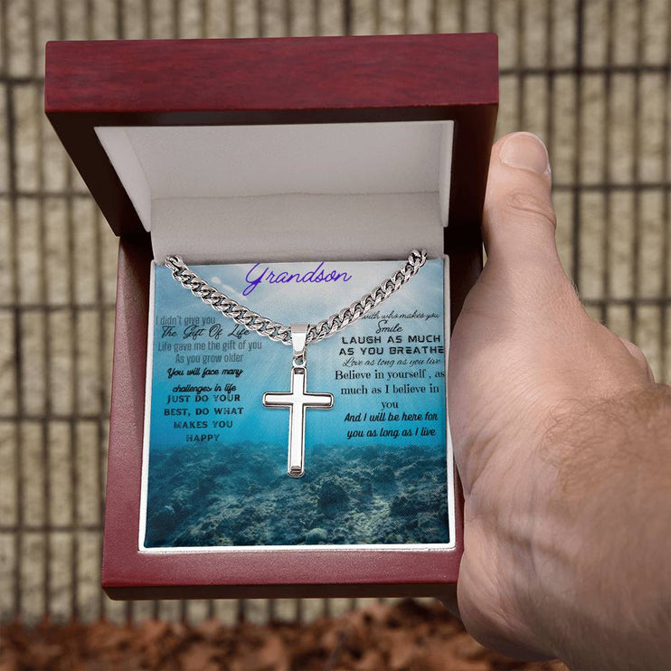 Artisan Cross Personalized Cuban Chain Necklace with polished stainless-steel pendant in a mahogany box angle 3