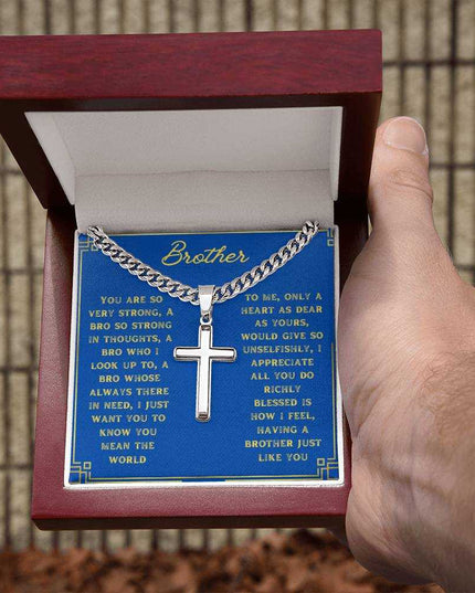 Artisan Cross Personalized Cuban Chain Necklace with polished stainless steel in a mahogany box angle 3