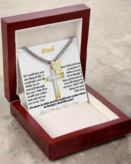 Cuban Link Chain with personalized cross in luxury box angled left