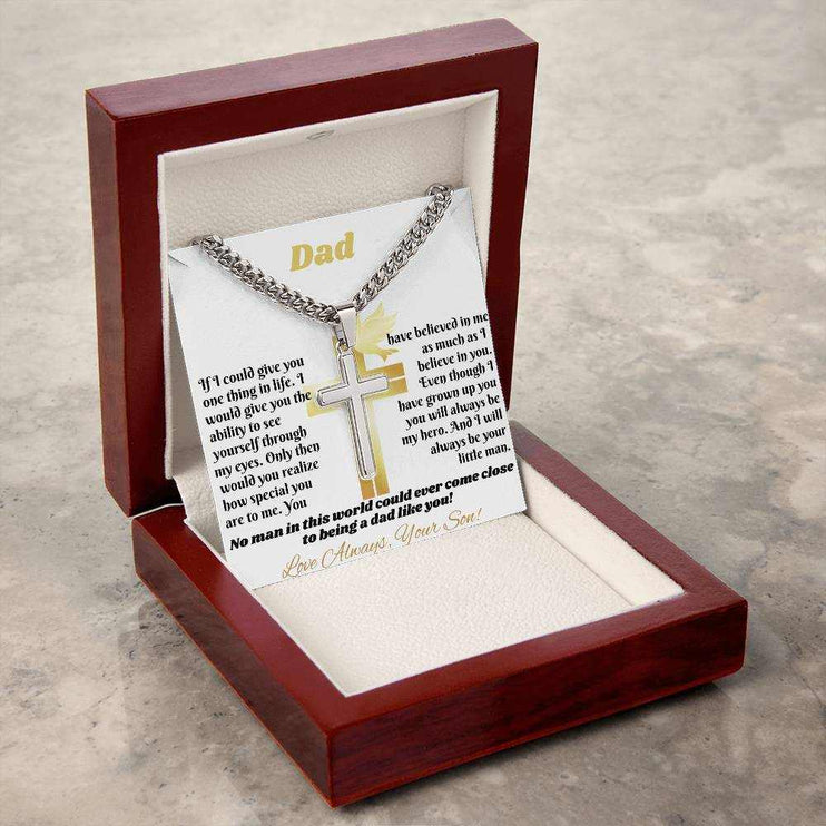 Cuban Link Chain with personalized cross in luxury box angled left