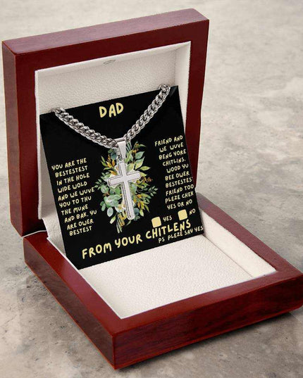 Cuban link chain with personalized cross in luxury box angled left