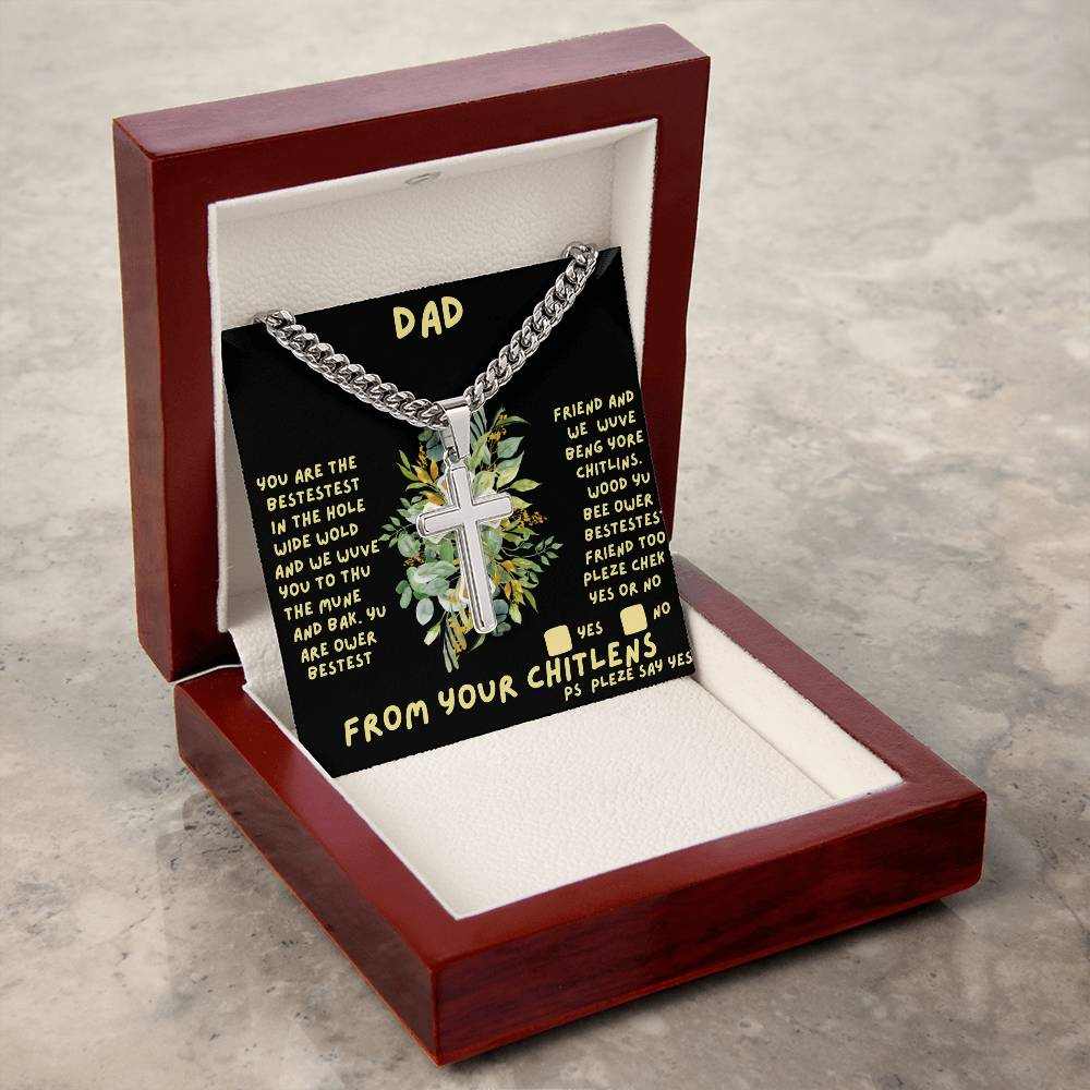 Cuban link chain with personalized cross in luxury box angled left