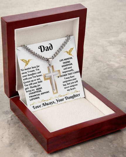 Cuban link chain with personalized cross in luxury box angled to the left