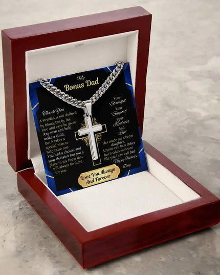 Cuban Chain Necklace in mahogany box on table angle left.
