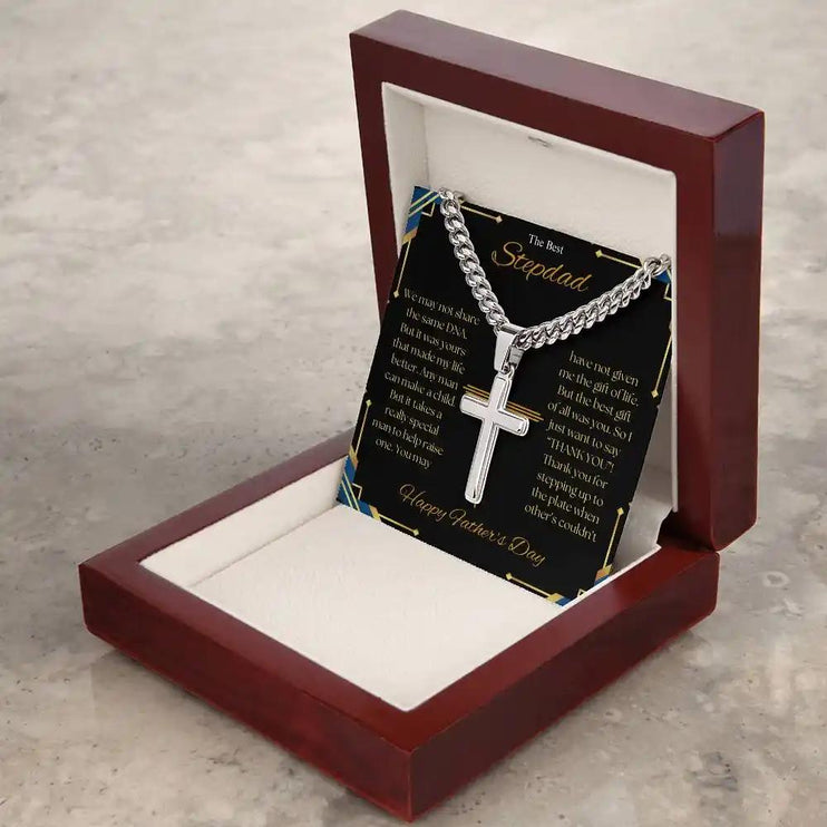 Cuban Chain Necklace with Personalized Cross in mahogany box angled right.