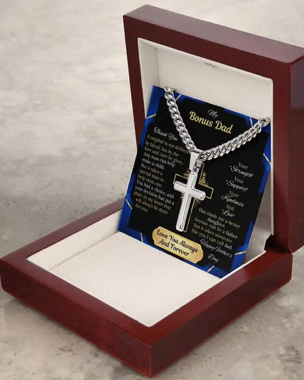 Cuban Chain Necklace in mahogany box on table angle right.