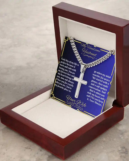 personalized cross on cuban link chain in mahogany box angled right