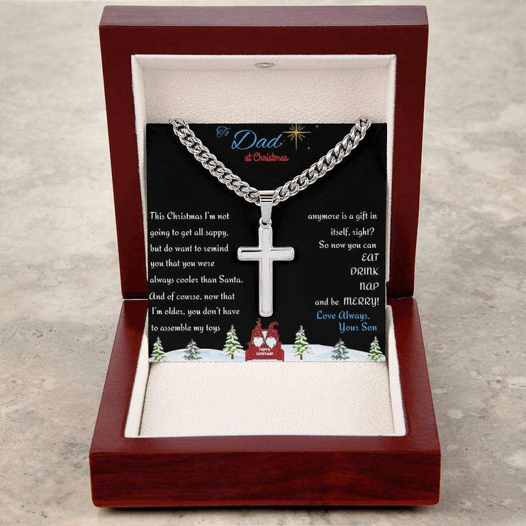 Cuban link chain with personalized cross in luxury box up close
