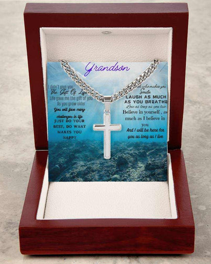 Artisan Cross Personalized Cuban Chain Necklace with polished stainless-steel pendant in a mahogany box angle 2