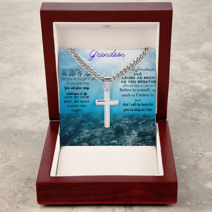 Artisan Cross Personalized Cuban Chain Necklace with polished stainless-steel pendant in a mahogany box angle 2