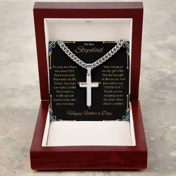 Cuban Chain Necklace with Personalized Cross in a mahogany box on table.