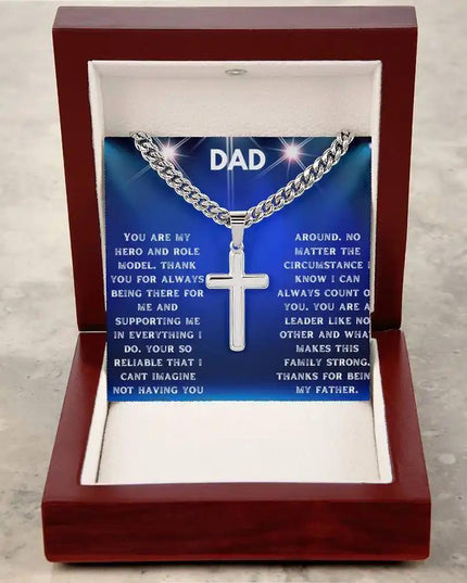 Artisan Cross Personalized Cuban Chain Necklace with a polished stainless-steel finish and in a mahogany box angle 2