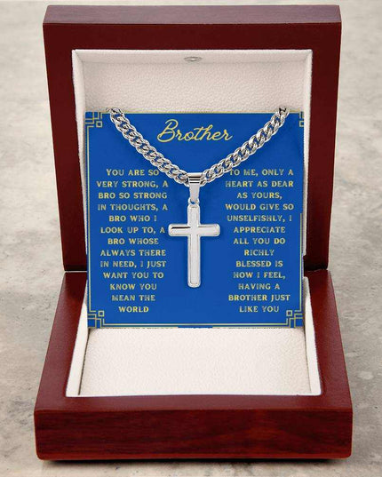 Artisan Cross Personalized Cuban Chain Necklace with polished stainless steel in a mahogany box angle 2