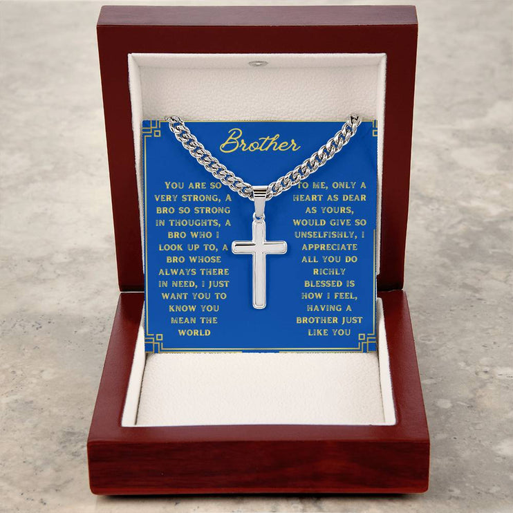 Artisan Cross Personalized Cuban Chain Necklace with polished stainless steel in a mahogany box angle 2