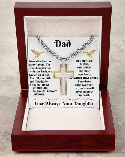 Cuban link chain with personalized cross in luxury box tilted up