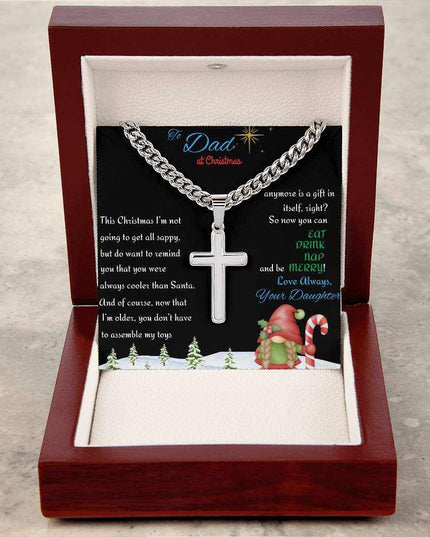 Cuban Link Chain with Personalized Cross in a luxury box on a table