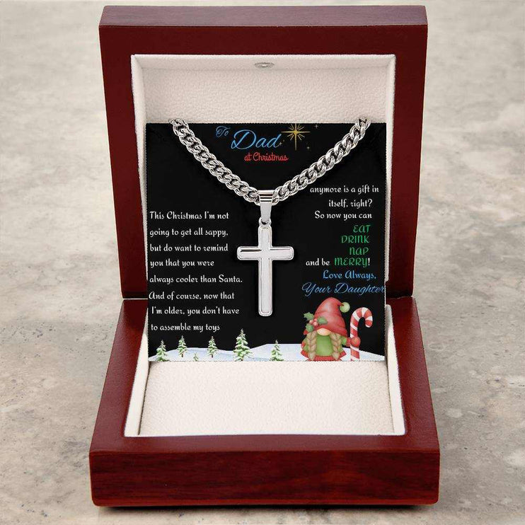 Cuban Link Chain with Personalized Cross in a luxury box on a table