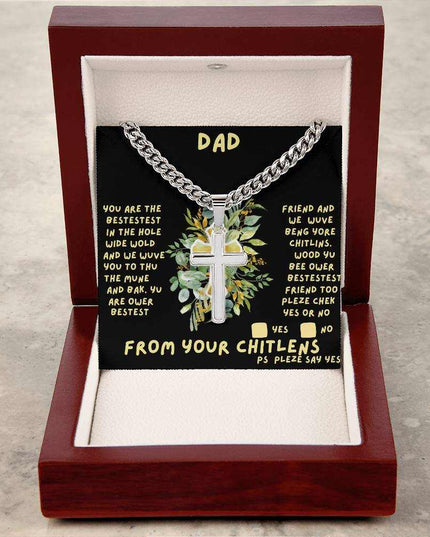 Cuban link chain with personalized cross in luxury box tilted up