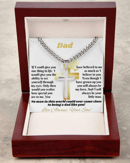Cuban link chain with personalized cross in luxury box tilted up