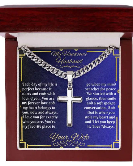 personalized cross on cuban link chain up close in mahogany box