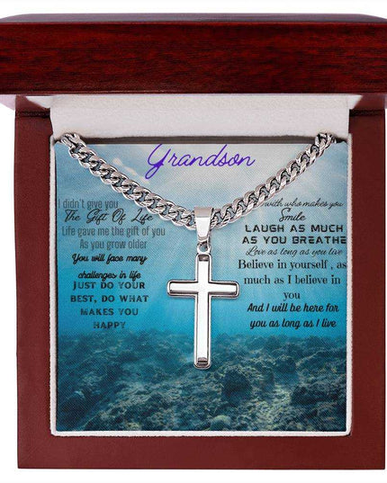Artisan Cross Personalized Cuban Chain Necklace with polished stainless-steel pendant in a mahogany box angle 1