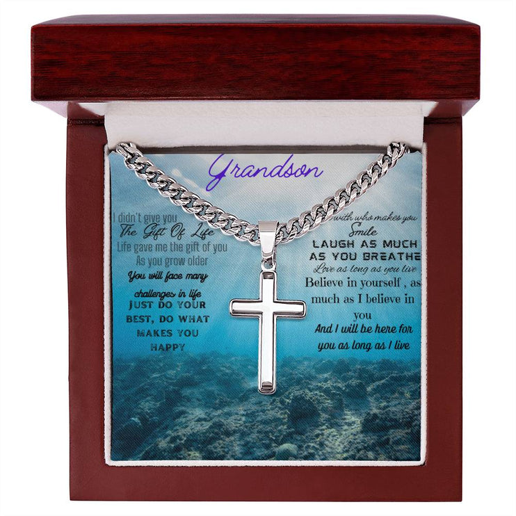 Artisan Cross Personalized Cuban Chain Necklace with polished stainless-steel pendant in a mahogany box angle 1