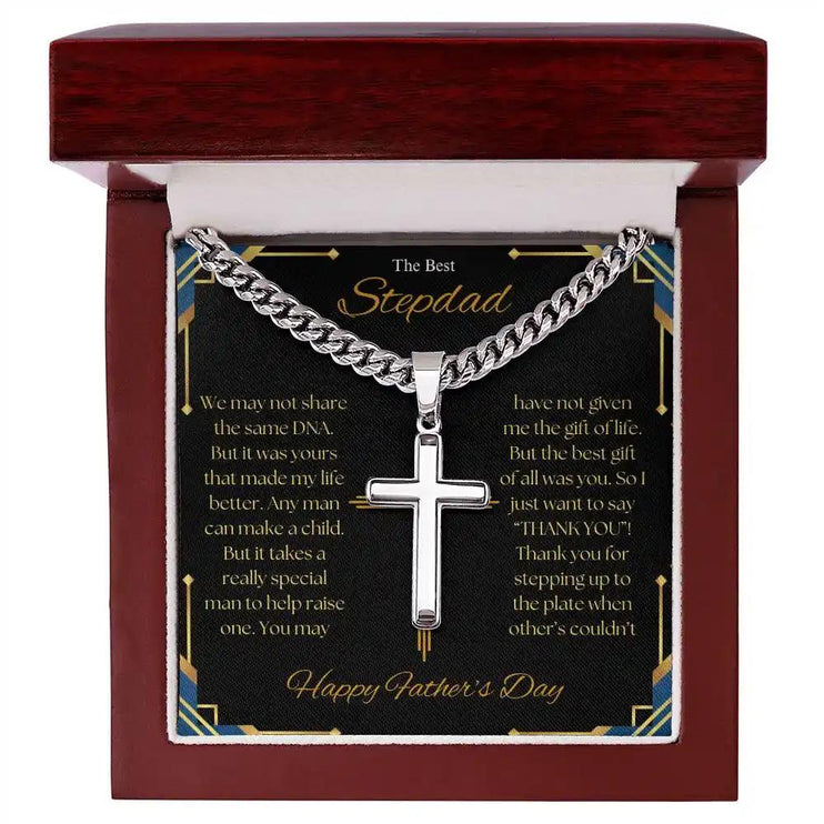Cuban Chain Necklace with Personalized Cross in mahogany box.