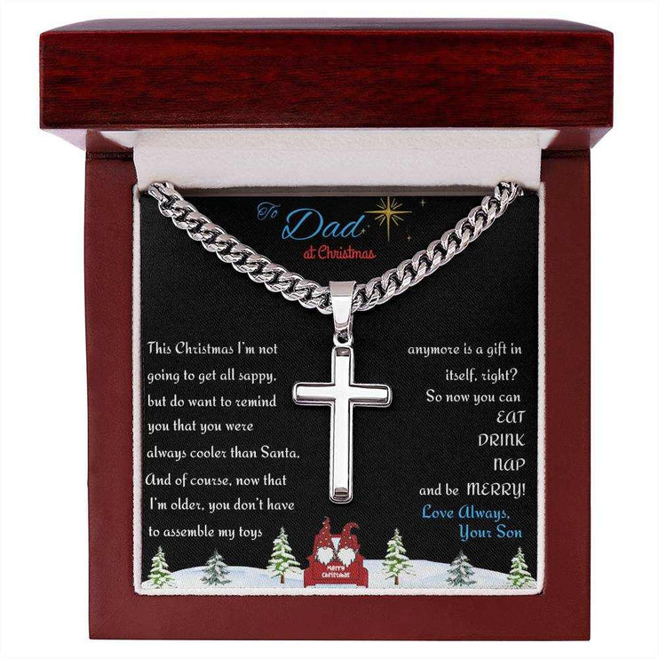 Cuban link chain with personalized cross in luxury box up close
