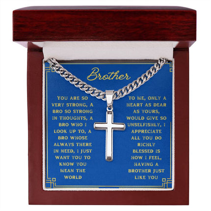 Artisan Cross Personalized Cuban Chain Necklace with polished stainless steel in a mahogany box angle 1