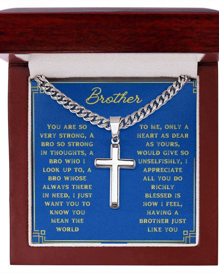 Artisan Cross Personalized Cuban Chain Necklace with polished stainless steel in a mahogany box angle 1