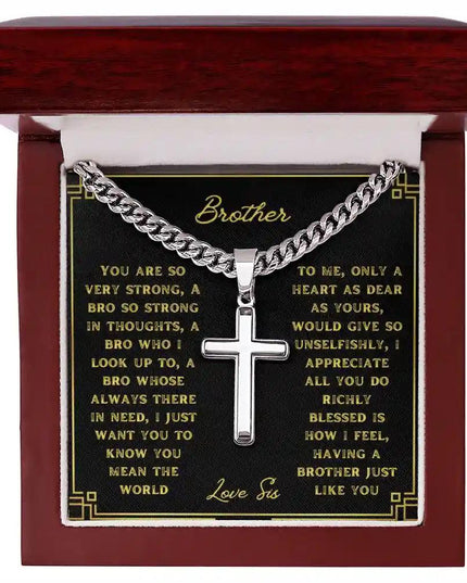 A artisan cross personalized cuban link chain in a mahogany box with a to brother greeting card