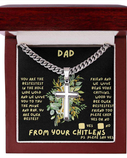 Cuban link chain with personalized cross in luxury box up close