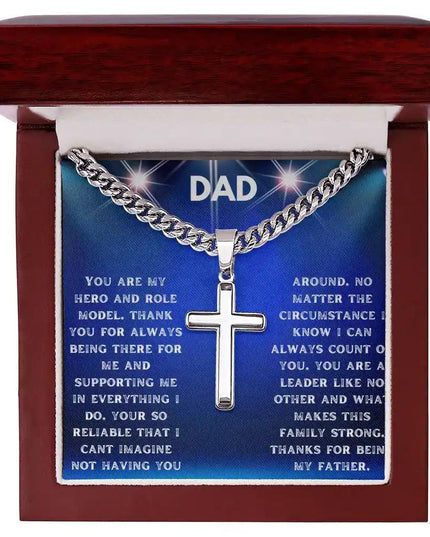 Artisan Cross Personalized Cuban Chain Necklace with a polished stainless-steel finish and in a mahogany box angle 1