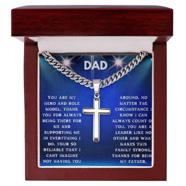 Artisan Cross Personalized Cuban Chain Necklace with a polished stainless-steel finish and in a mahogany box angle 1