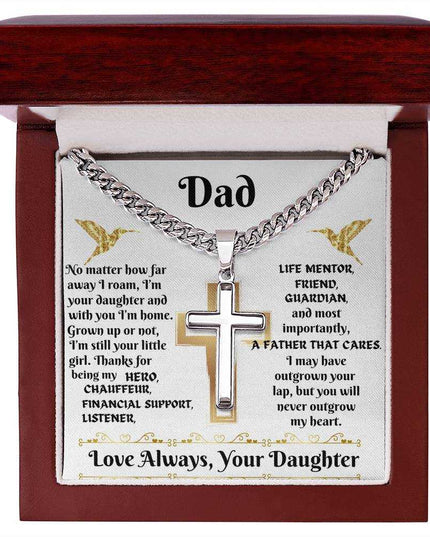 Cuban link chain with personalized cross in luxury box up close