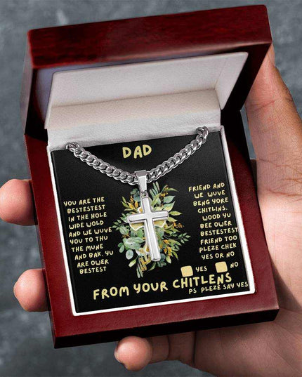 Cuban link chain with personalized cross in luxury box in model's hand