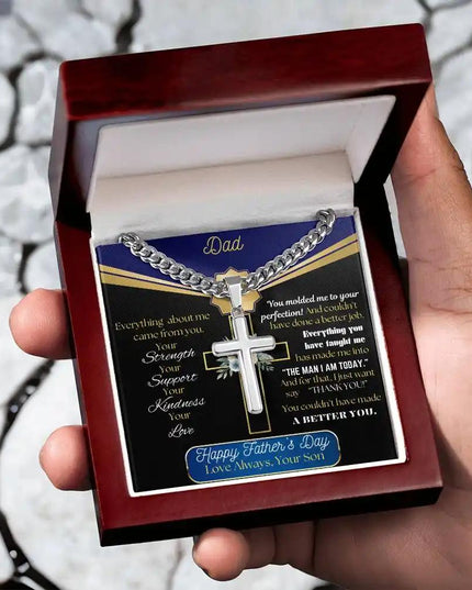 Cuban Chain Necklace showing in mahogany box in a model's hand.