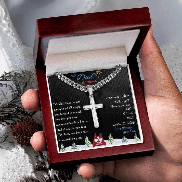 Cuban link chain with personalized cross in luxury box in model's hand