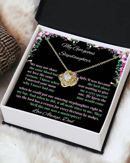 yellow gold love knot necklace two-tone box angled right