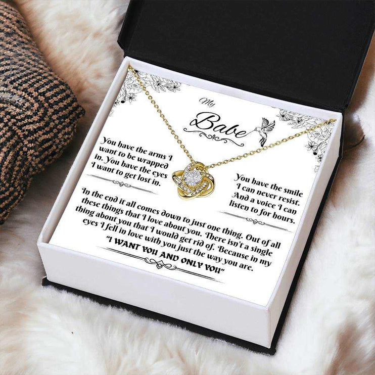 yellow gold love knot necklace in soft box