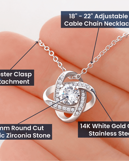 white gold love knot necklace product details up close