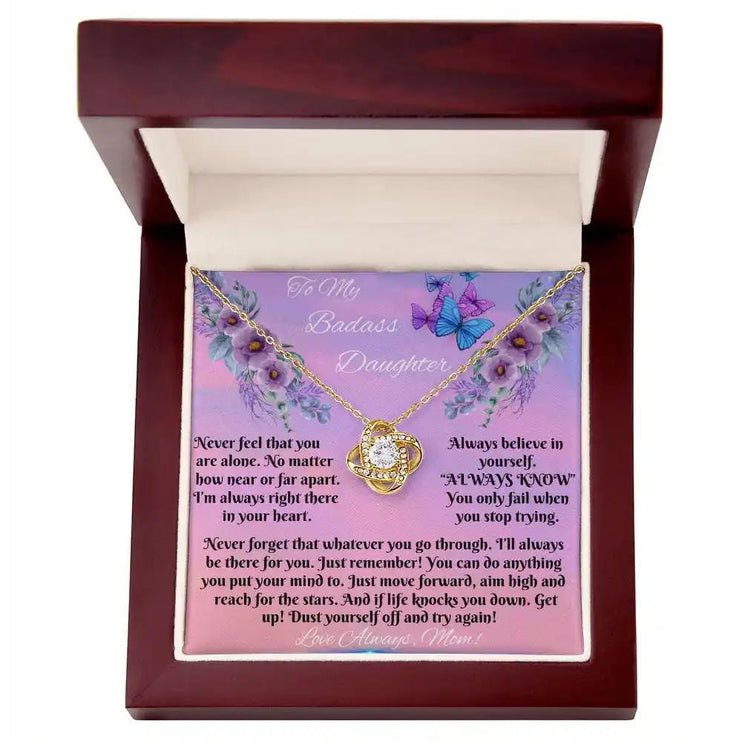 yellow gold love knot necklace in mahogany box