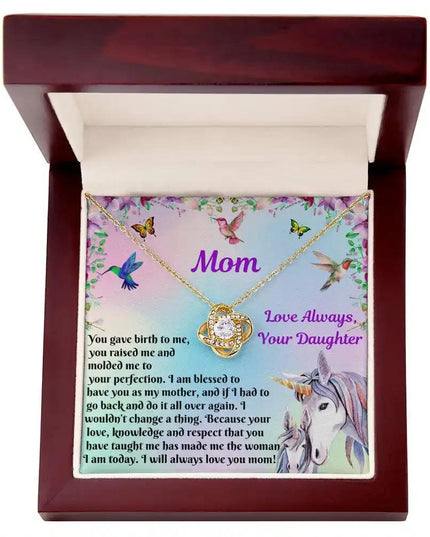 yellow gold love knot necklace in mahogany box