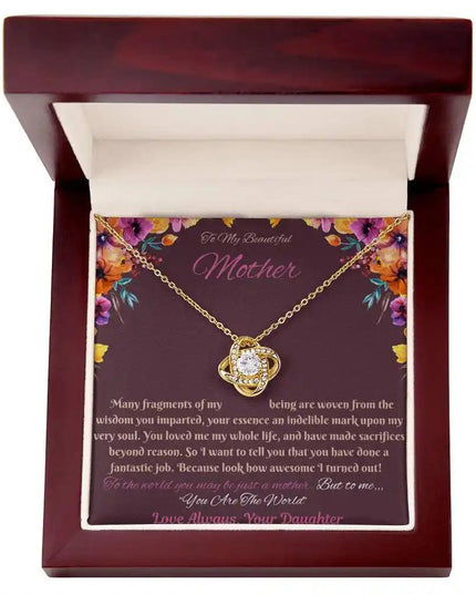 yellow gold love knot necklace in mahogany box
