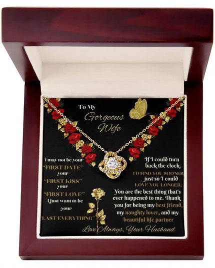 yellow gold love knot necklace in mahogany box