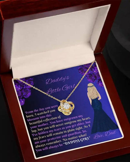 Love Knot Necklace yellow gold mahogany box angle left