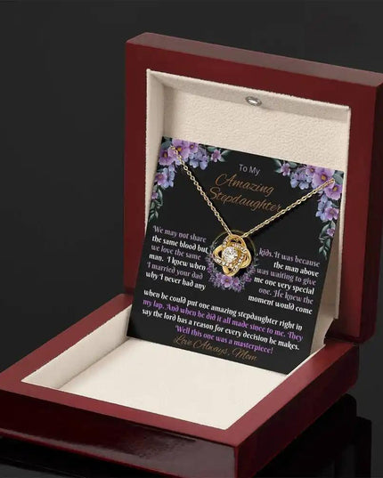 yellow gold love knot necklace mahogany box angle right
