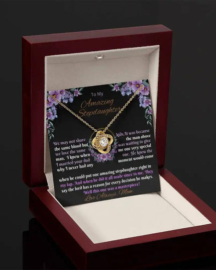 yellow gold love knot necklace mahogany box angle left